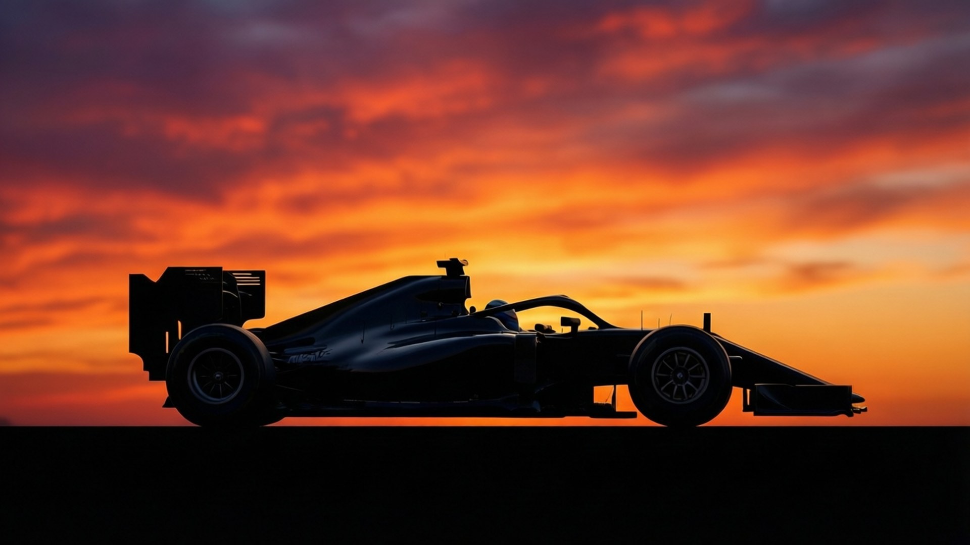 Silhouette Speed 壁紙 — 一架流線型黑色一級方程式賽車剪影，映襯著火熱的橙色和紫色日落天空。