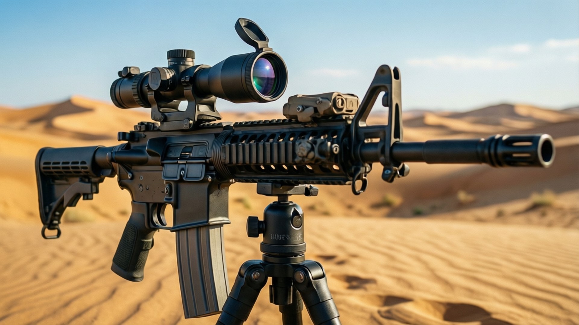 Desert Tactical Rifle 壁紙 — 一支黑色戰術步槍帶瞄準鏡安裝在三腳架上，位於金色沙漠沙丘中，天空清澈湛藍。