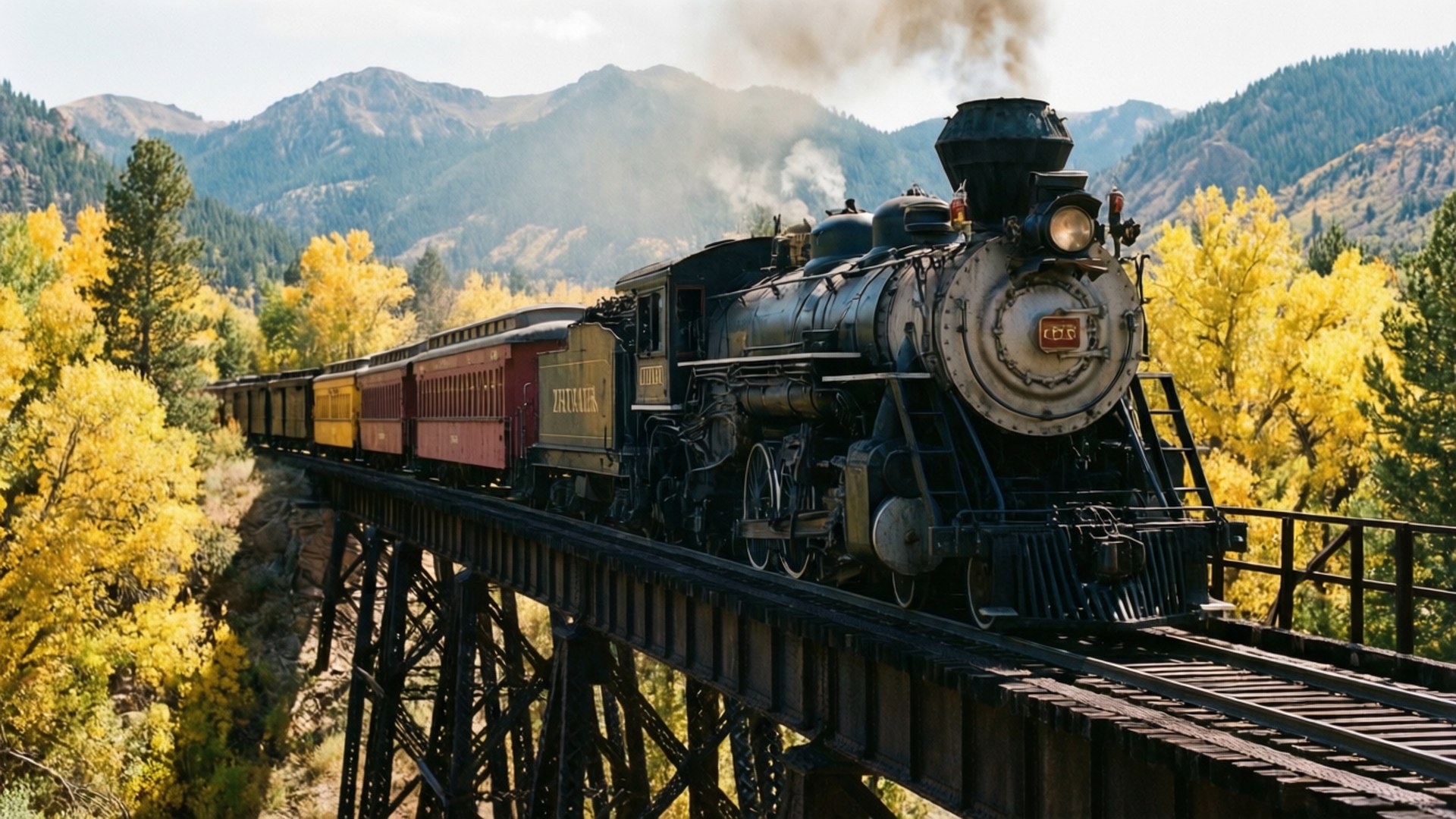Durango Train Autumn 壁紙 — 一輛黑色蒸汽火車頭牽引著栗色和黃色的車廂，穿過金色的白楊林，行駛在木製棧橋上，背景是白雪覆蓋的山脈。
