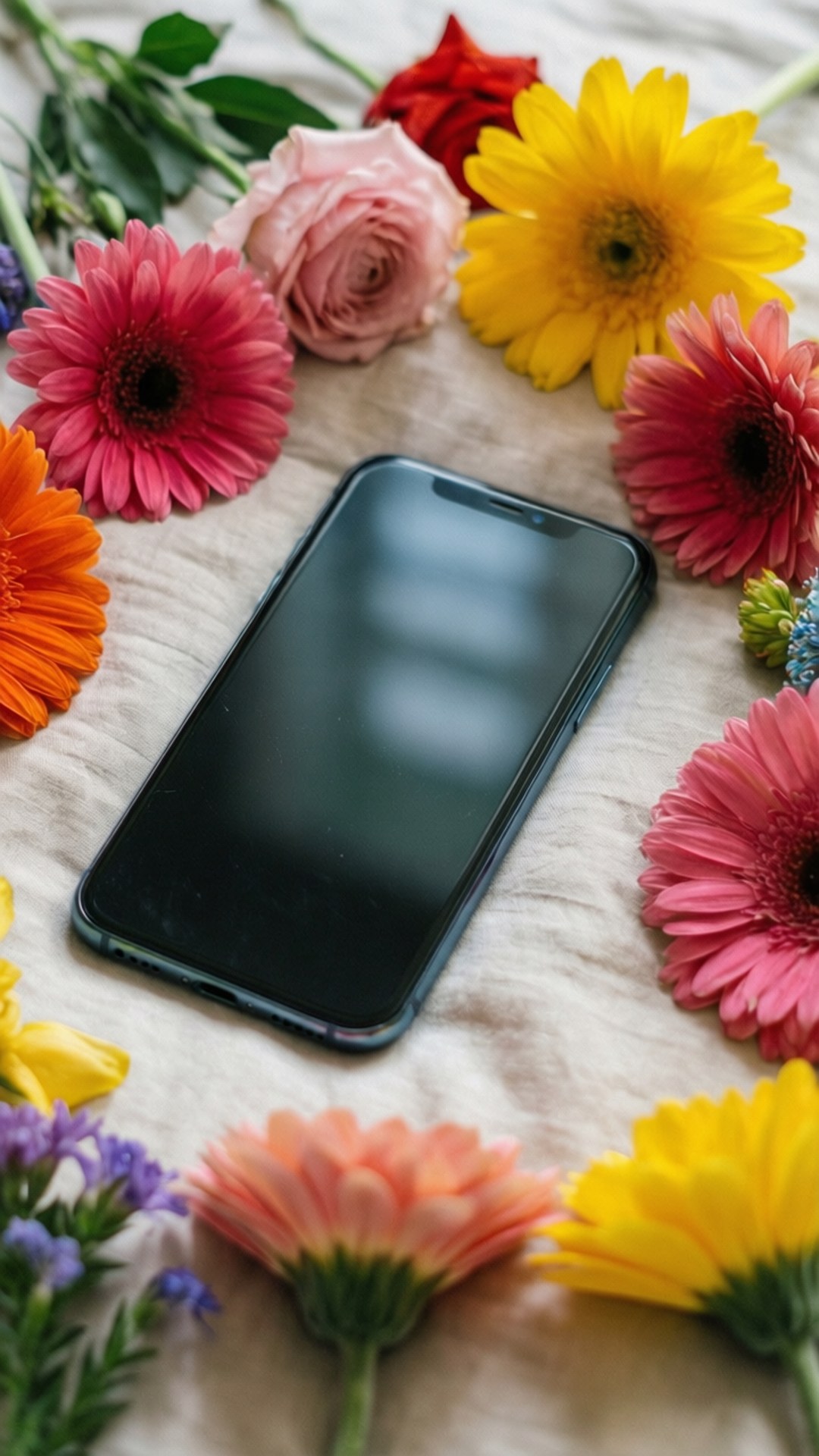 Phone Among Flowers 壁紙 — 一部黑色智慧型手機放在有紋理的米色表面上，周圍環繞著充滿活力的粉紅色、黃色和橙色非洲菊雛菊和玫瑰。