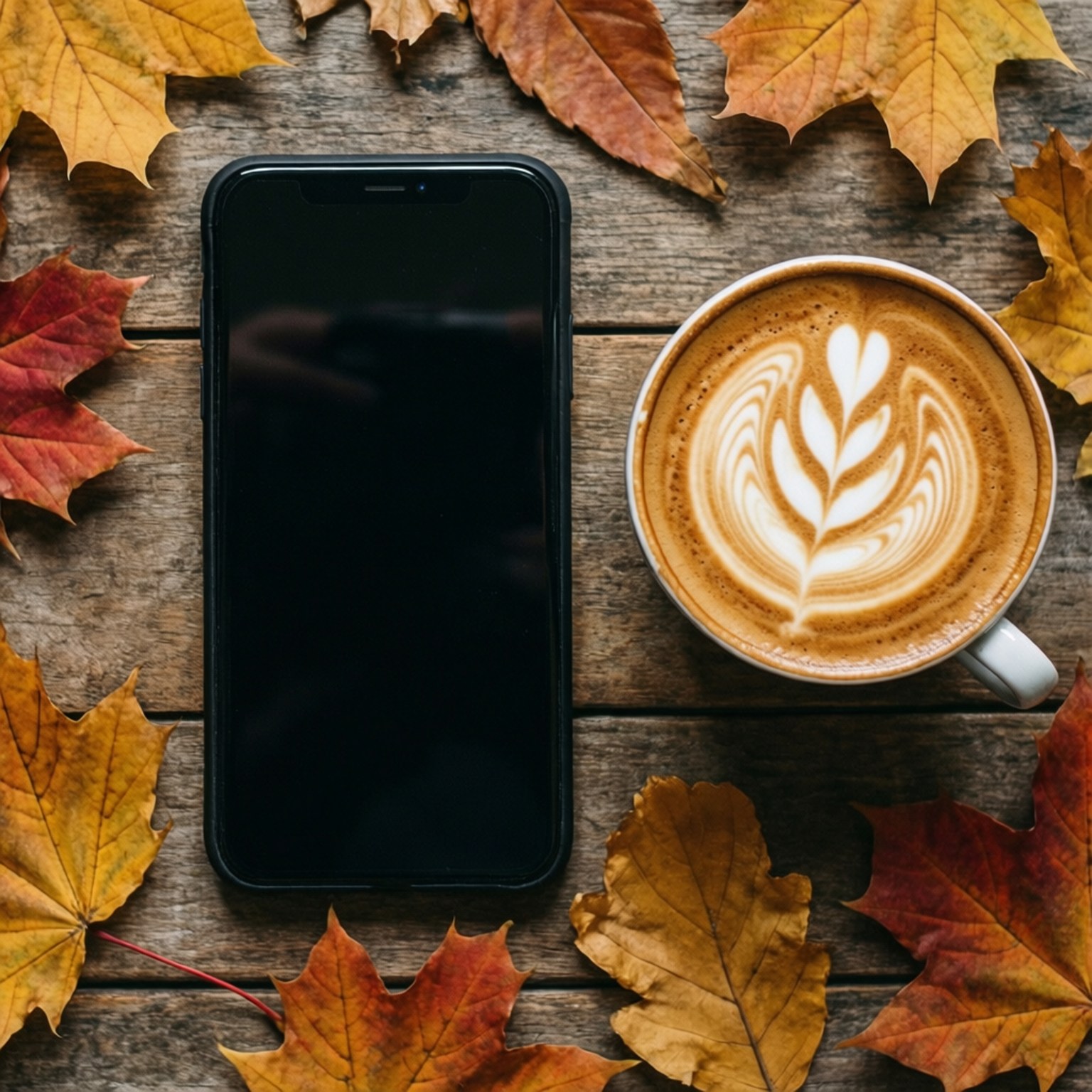 Phone and Coffee Flat Lay 壁紙 — 一部黑色智慧型手機和一杯帶有葉子藝術的拿鐵放在一張木桌上，周圍是秋天的楓葉。