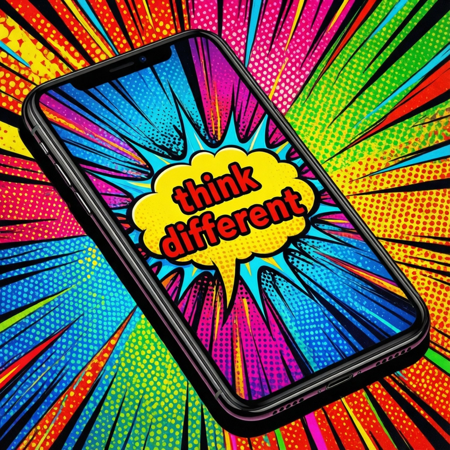 Think Different Pop Art 壁紙 — 一部黑色智慧型手機在充滿活力的漫畫風格背景上顯示一個黃色對話氣泡，裡面有紅色文字寫著 think different。