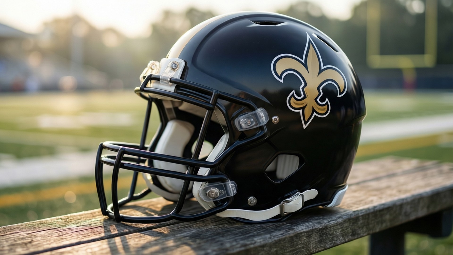 Saints Helmet Close-Up 壁紙 — 一個黑色紐奧良聖徒隊美式足球頭盔，帶有金色鳶尾花標誌，放在陽光普照的球場木長凳上。