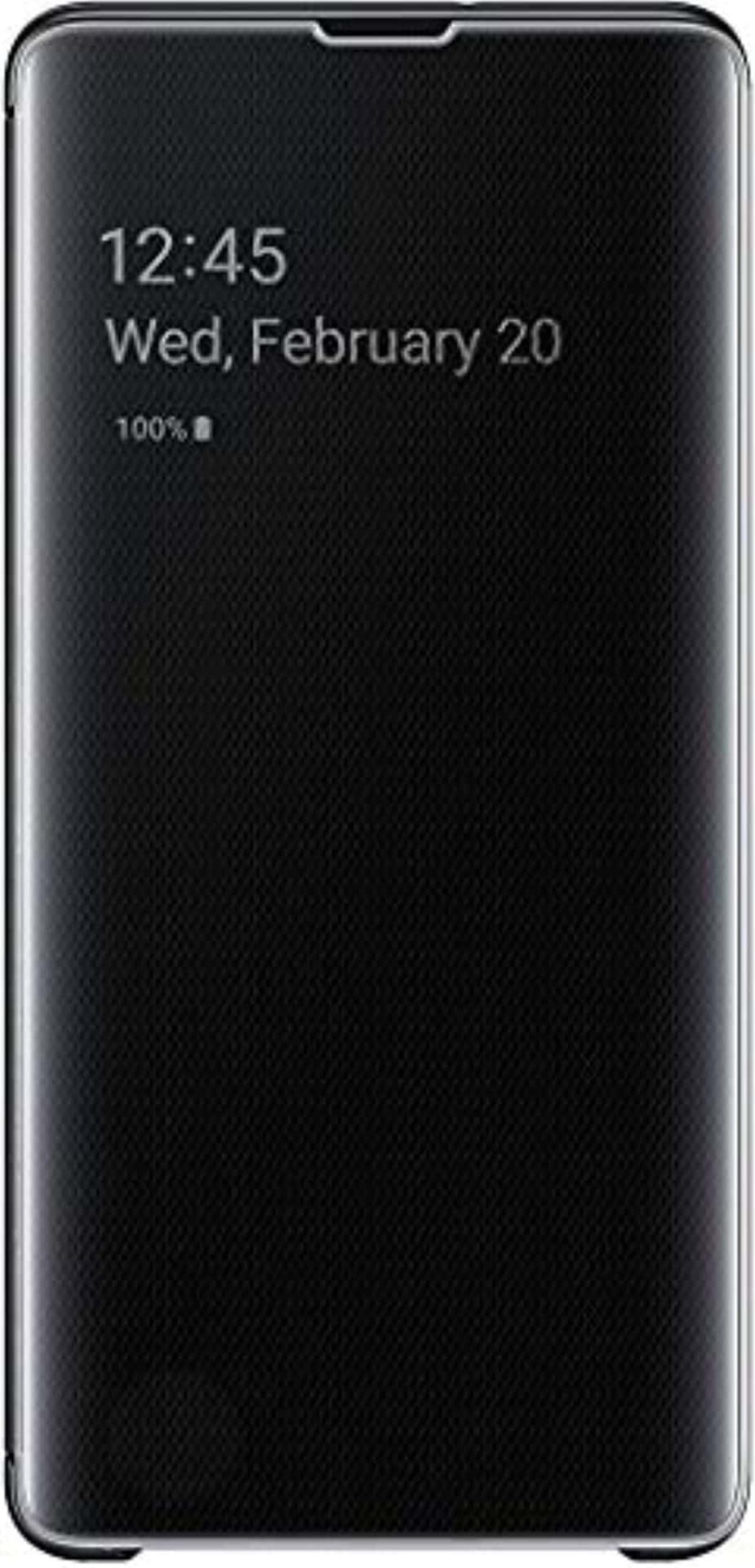 黑色紋理手機殼顯示時間、日期和電池狀態。 — Galaxy S10 壁紙