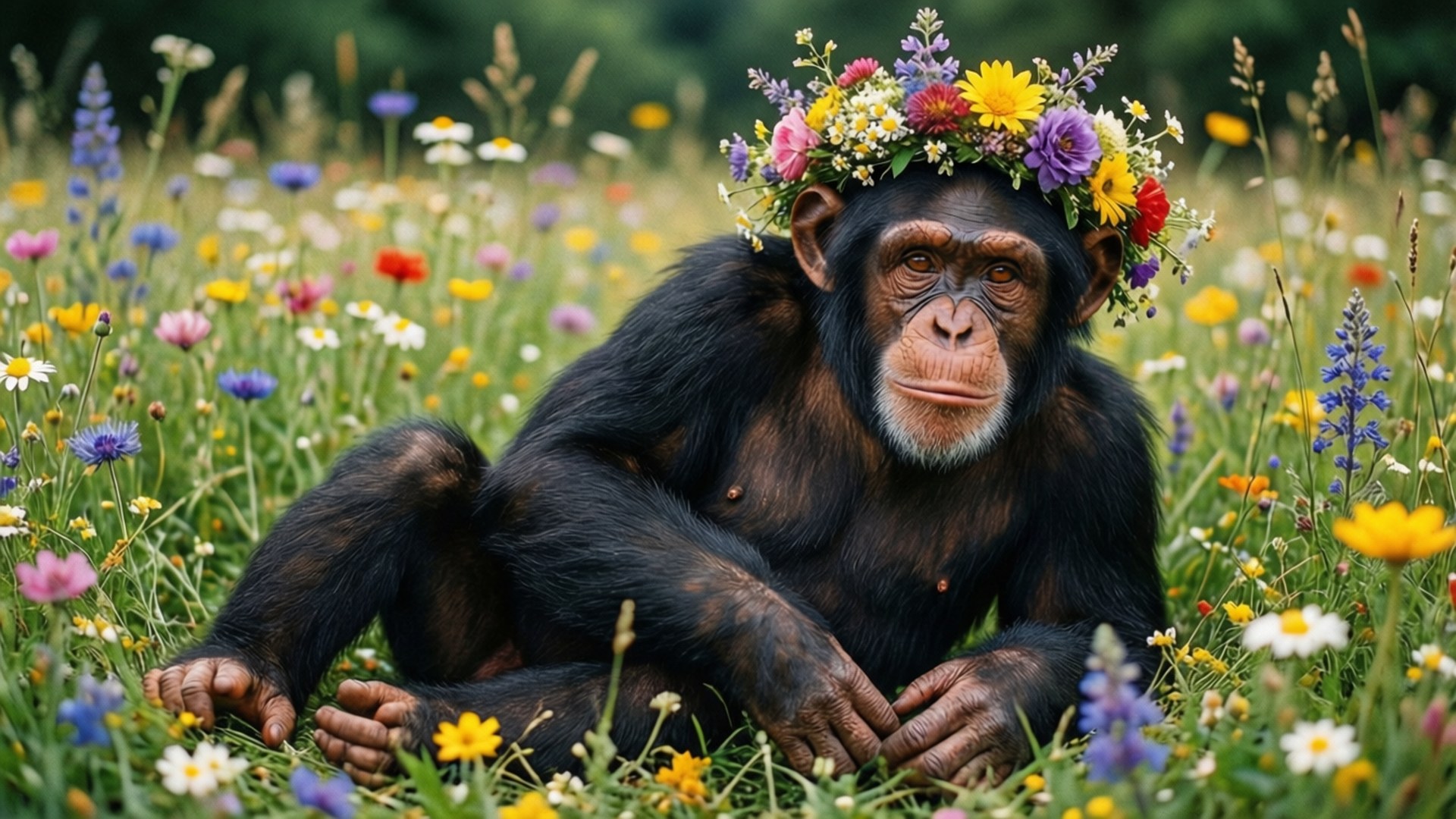 Flower Crown Fantasy 壁紙 — 一隻戴著彩色花冠的黑猩猩平靜地坐在充滿野花的草地上。
