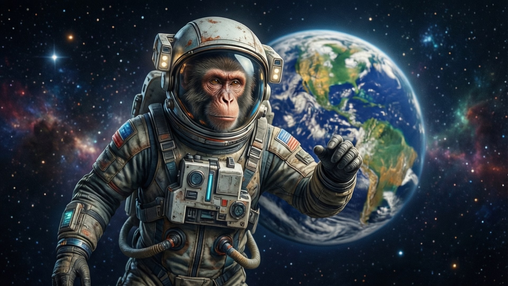 Monkey in Space 壁紙 — 一隻穿著詳細太空衣的黑猩猩太空人在太空中漂浮，背後是地球和色彩繽紛的星雲。