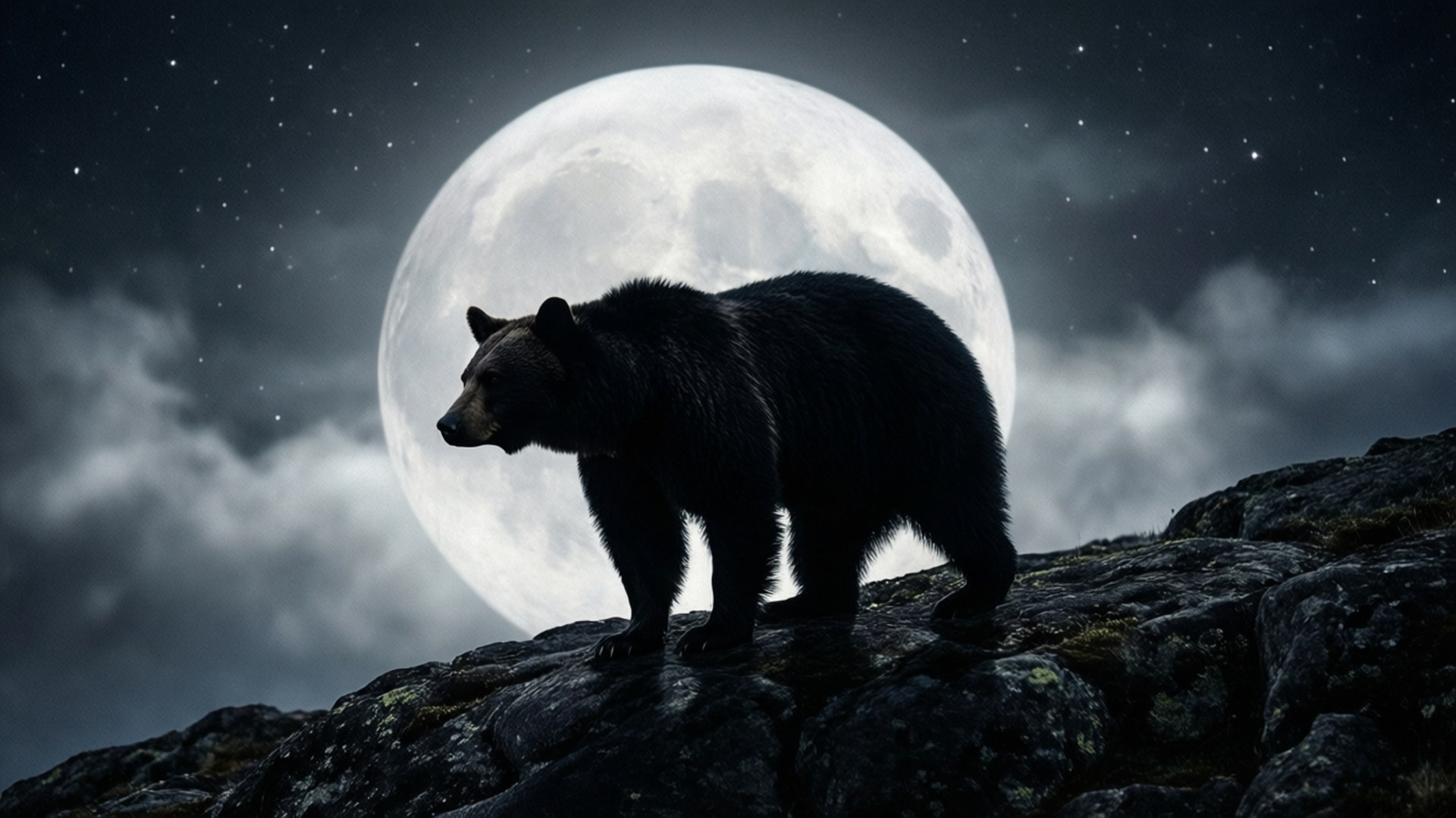 Bear and the Moon 壁紙 — 一頭黑熊在巨大的滿月和星空下，在岩石峭壁上形成剪影。