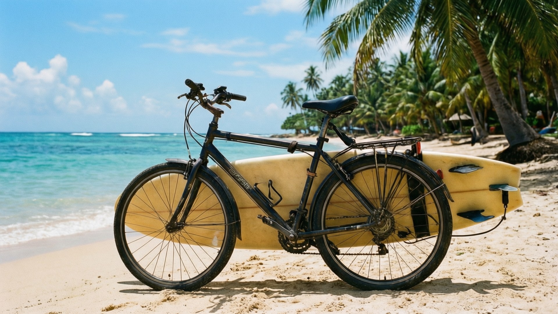 Surf Beach Bike 壁紙 — 一輛黑色自行車後座綁著一塊黃色衝浪板，停放在沙灘上，旁邊是碧綠的海浪和棕櫚樹，天空湛藍。