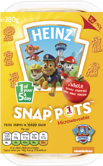 Snapchat 桌布 壁紙 — Heinz Snap Pots 番茄醬義大利麵，包裝上印有 Paw Patrol 角色，採用亮黃色包裝。