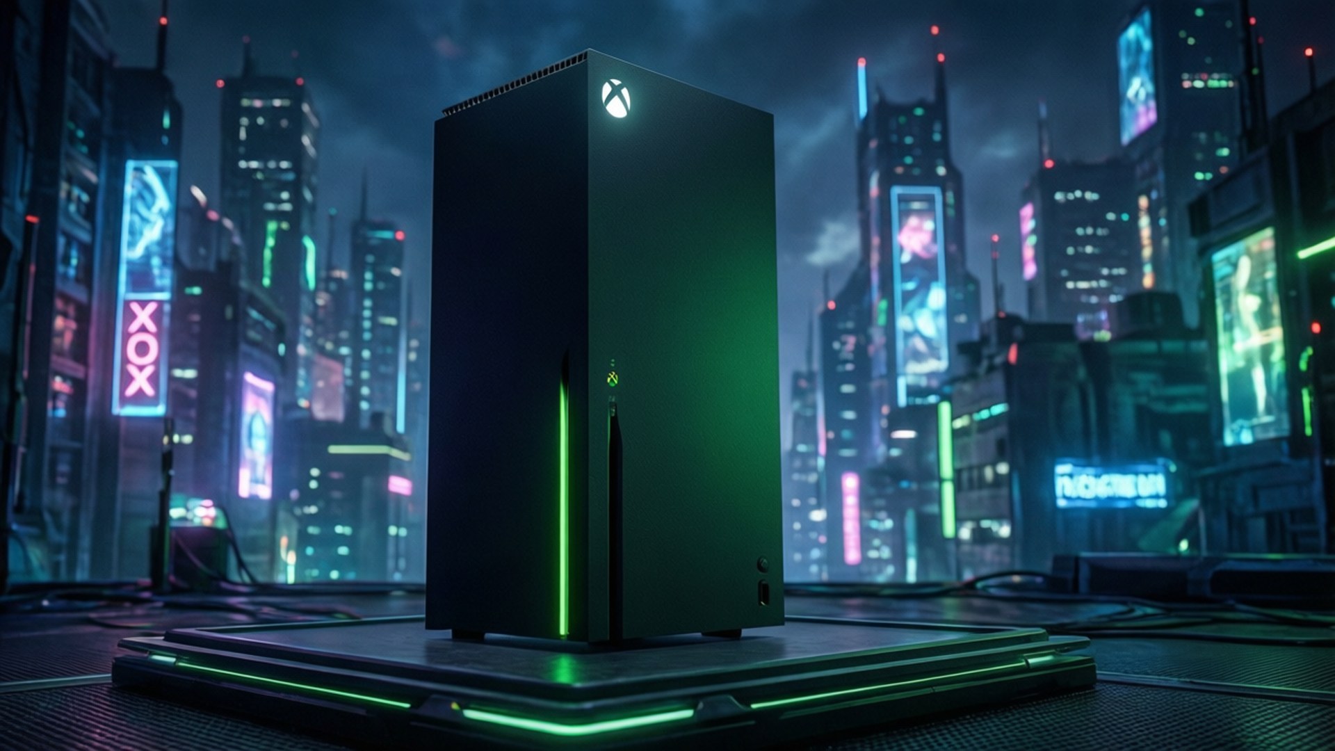 Neon City Xbox Series X 壁紙 — 一台黑色Xbox主機發出綠色光芒，夜晚站在平台上，背景是霓虹燈閃爍的賽博龐克城市天際線。