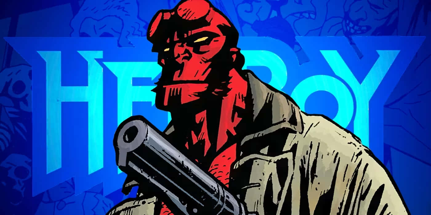  壁紙 — Hellboy 以漫畫風格威嚇地站立，手持大型槍械，背景為藍色，並以粗體字顯示其名字。