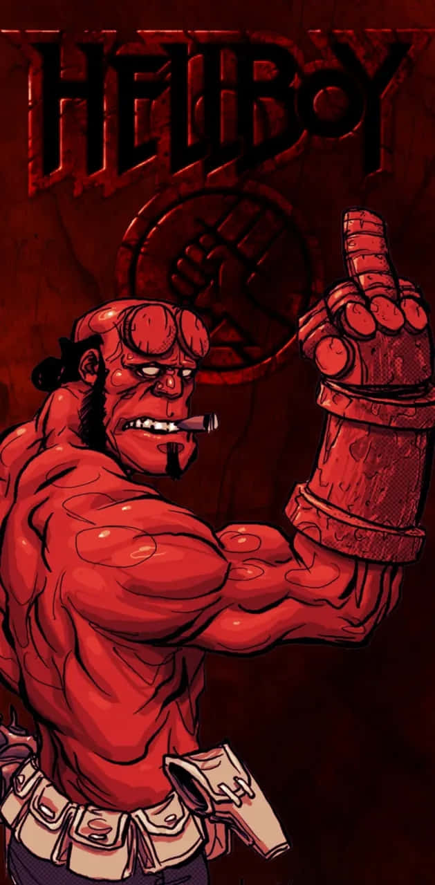  壁紙 — Hellboy 在熾熱的紅色漫畫插圖中挑釁地站著，抽著雪茄並舉起他裝甲化的拳頭。