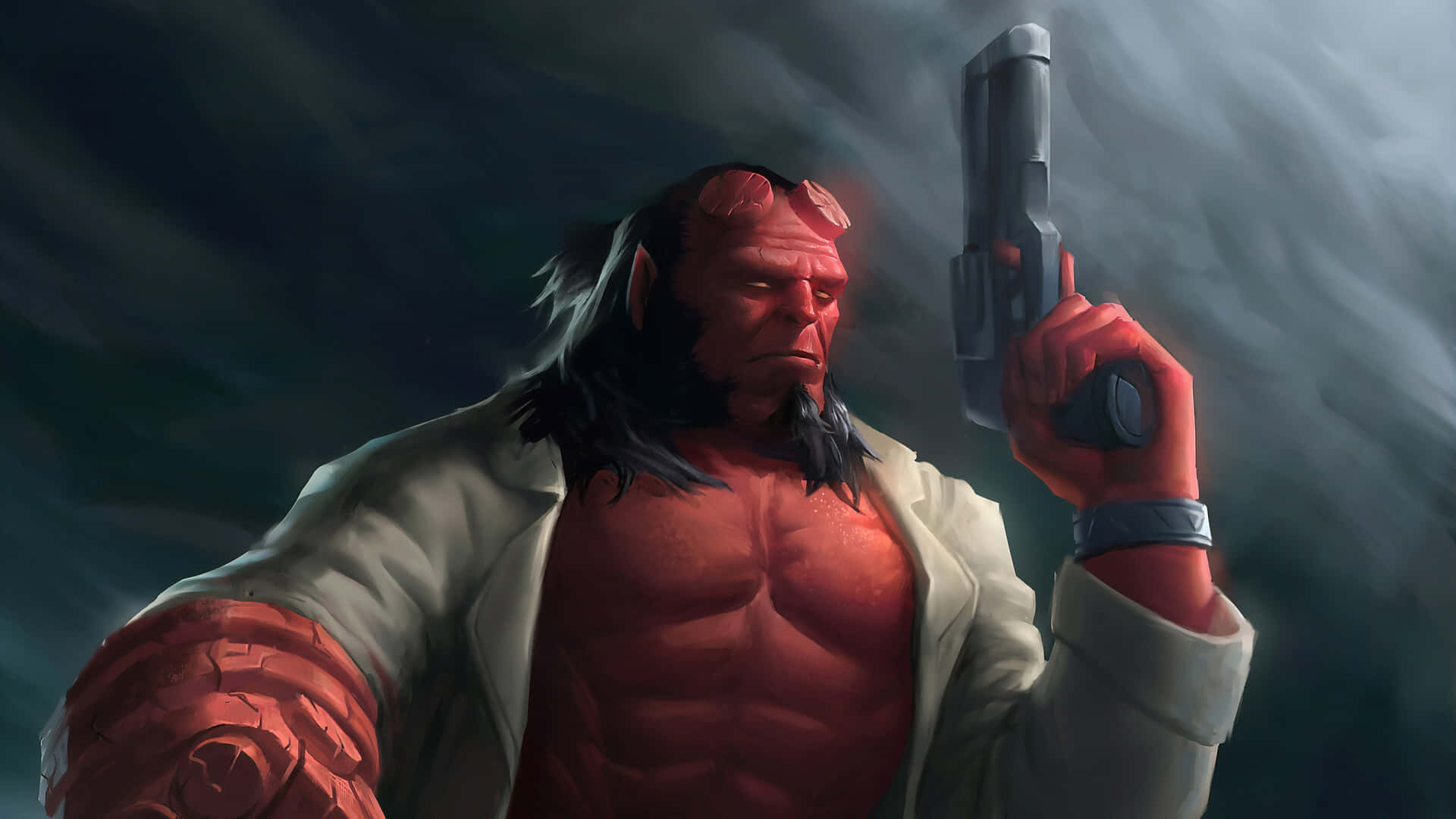  壁紙 — Hellboy 在風暴黑暗的場景中威風凜凜地站著，手持手槍，眼神堅定。