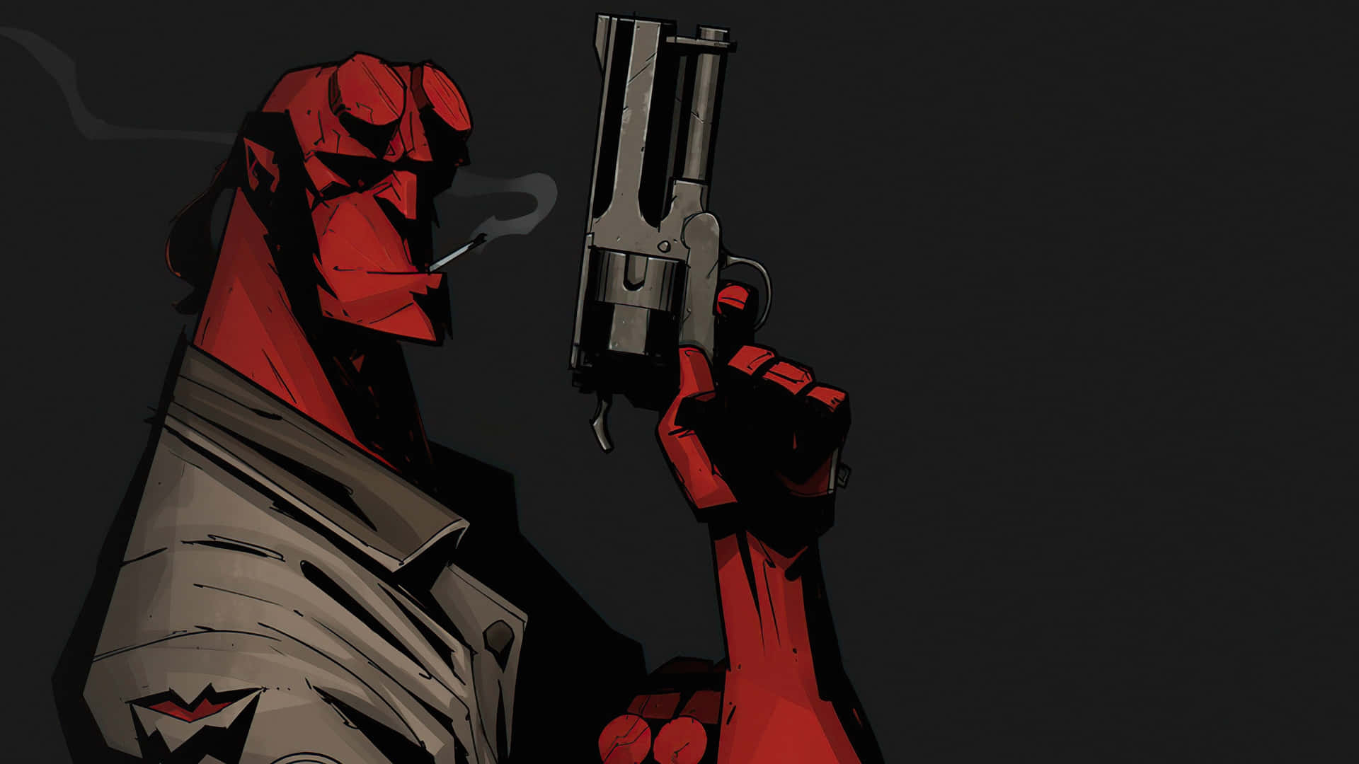  壁紙 — Hellboy在黑暗背景下，一邊抽煙一邊拿著左輪手槍。