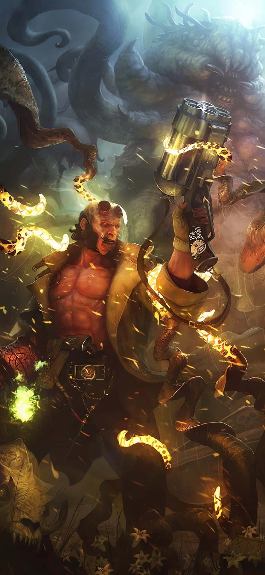  壁紙 — Hellboy 在黑暗、熾熱的戰鬥場景中揮舞著火焰錘對抗 monstrous 觸手。
