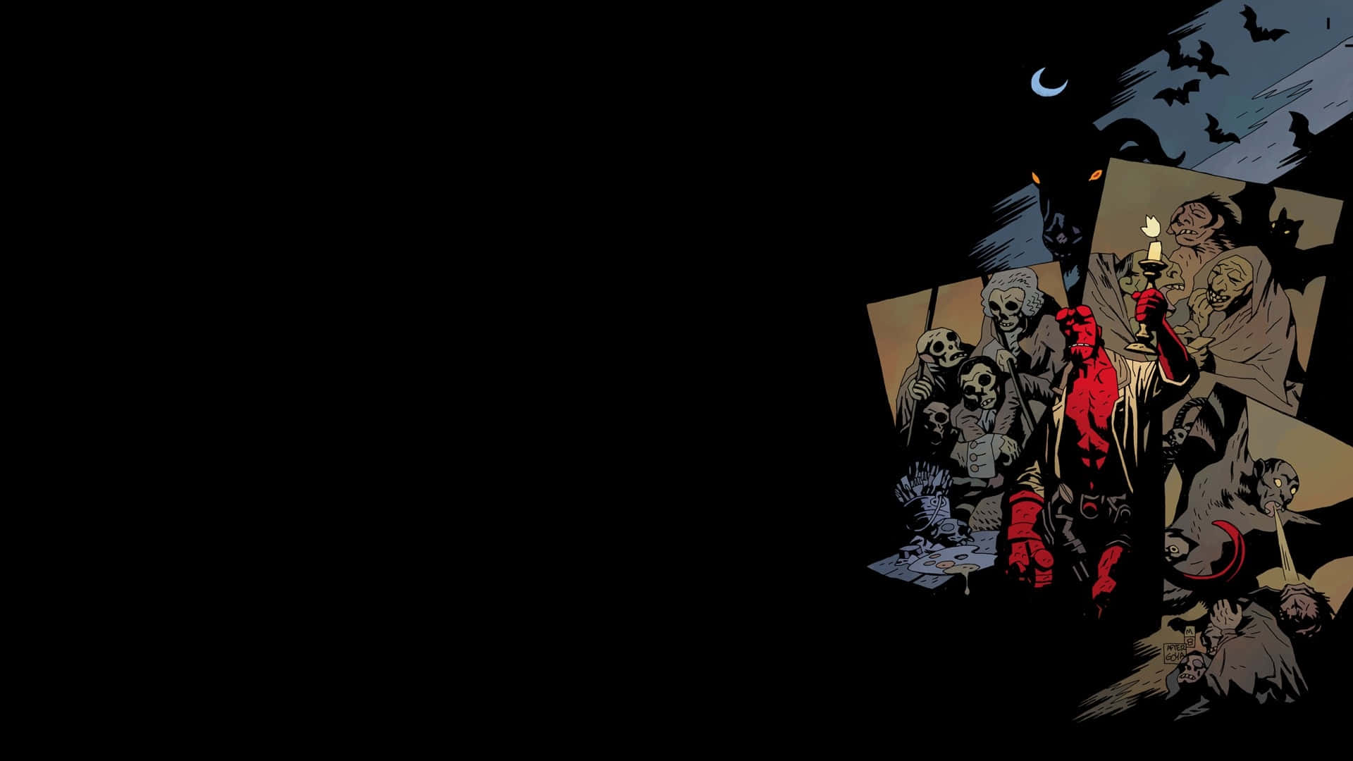  壁紙 — Hellboy 在黑暗哥德場景中挑釁地站著，手持蠟燭，蝙蝠在彎月下飛翔。