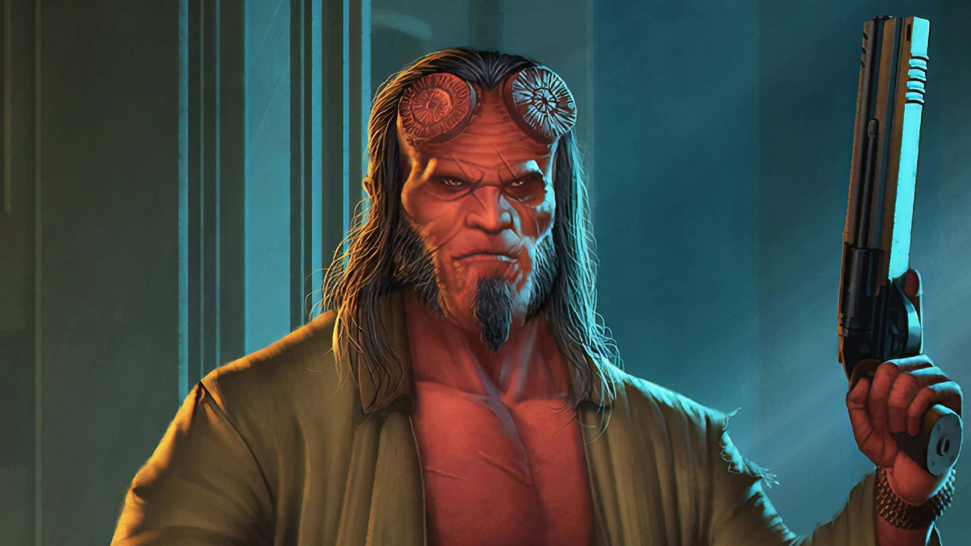  壁紙 — Hellboy 在昏暗的房間中威嚴地站著，手持一把大型手槍，藍色發光的光線投射出戲劇性的陰影。