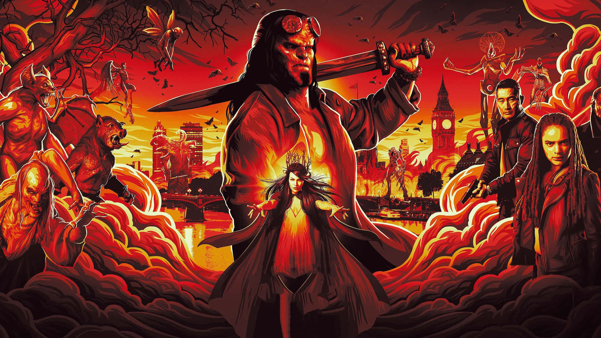  壁紙 — Hellboy 在烈焰與烏雲中，與惡魔生物和盟友一起，挑釁地站在燃燒的末日城市景觀中。