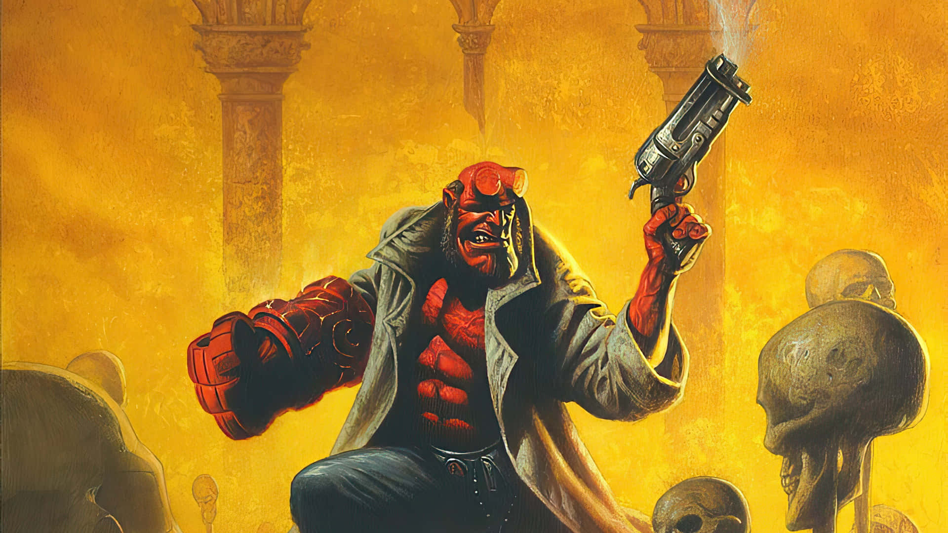  壁紙 — Hellboy 在一個金色調的寶座室中挑釁地站立，周圍環繞著頭骨和古老的柱子。