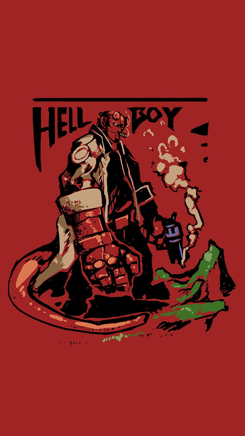  壁紙 — Hellboy 站在大膽的紅色背景前，手持冒煙的手槍，他標誌性的帶刺尾巴蜷曲在身下。