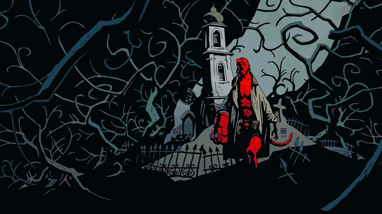  壁紙 — Hellboy 站在黑暗的墓地中，扭曲的樹木下，背景有一座教堂。