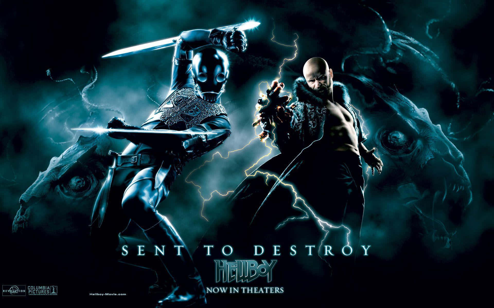 Movie Poster 桌布 壁紙 — Hellboy 與一名蒙面戰士在黑暗風暴背景中，以發光劍交鋒，背景有怪獸面孔。