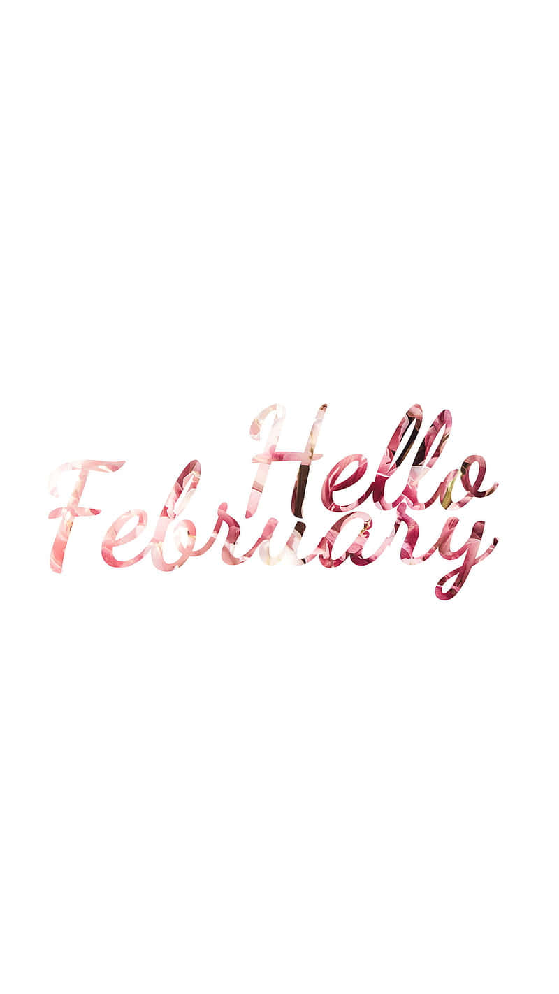 桌布 壁紙 — 「Hello February」字樣在純白背景上以玫瑰金水彩閃爍。