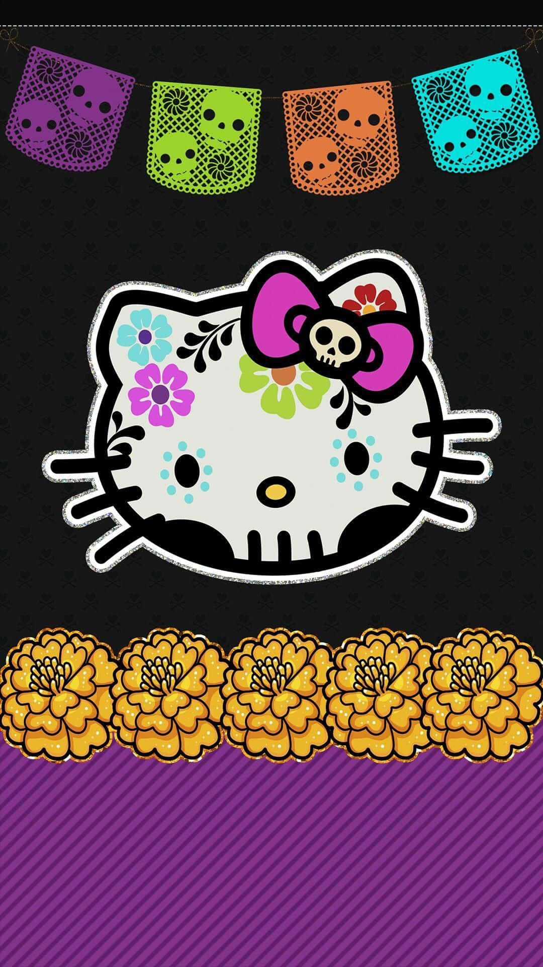  壁紙 — Hello Kitty 裝飾著糖骷髏化妝和彩色 papel picado 橫幅，在紫色條紋背景上的萬壽菊上方。