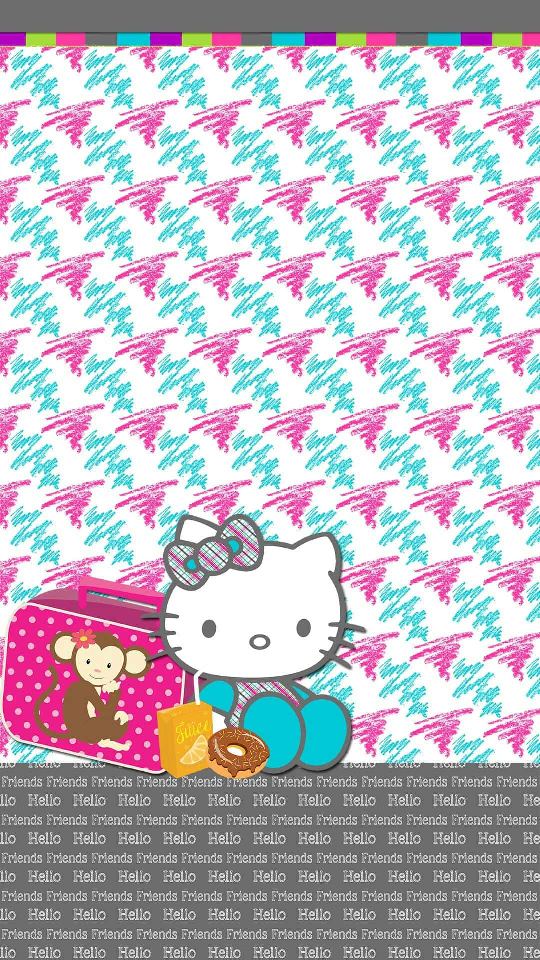  壁紙 — Hello Kitty 和一隻猴子坐在一個粉紅色圓點行李箱旁邊，拿著一個甜甜圈和一個果汁盒，背景是重複的粉紅色和藍綠色塗鴉圖案。