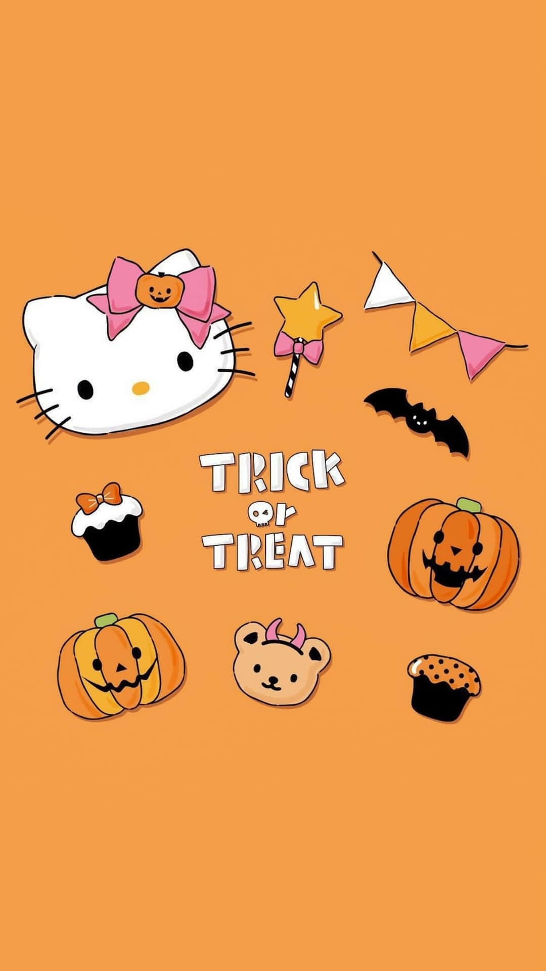  壁紙 — Hello Kitty 和可愛的萬聖節圖標，如南瓜、蝙蝠和杯子蛋糕，漂浮在溫暖的橙色背景上。