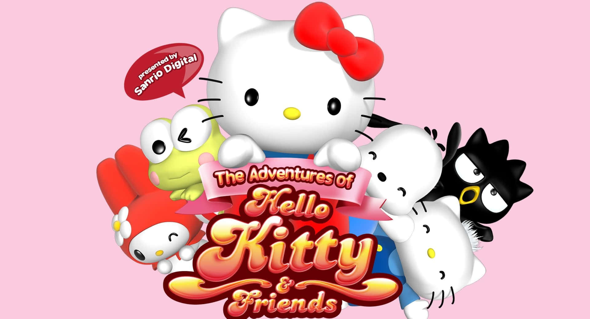 Hello Kitty 和朋友們在歡樂的卡通場景中與標題橫幅一起出現。 — Hello Kitty 壁紙