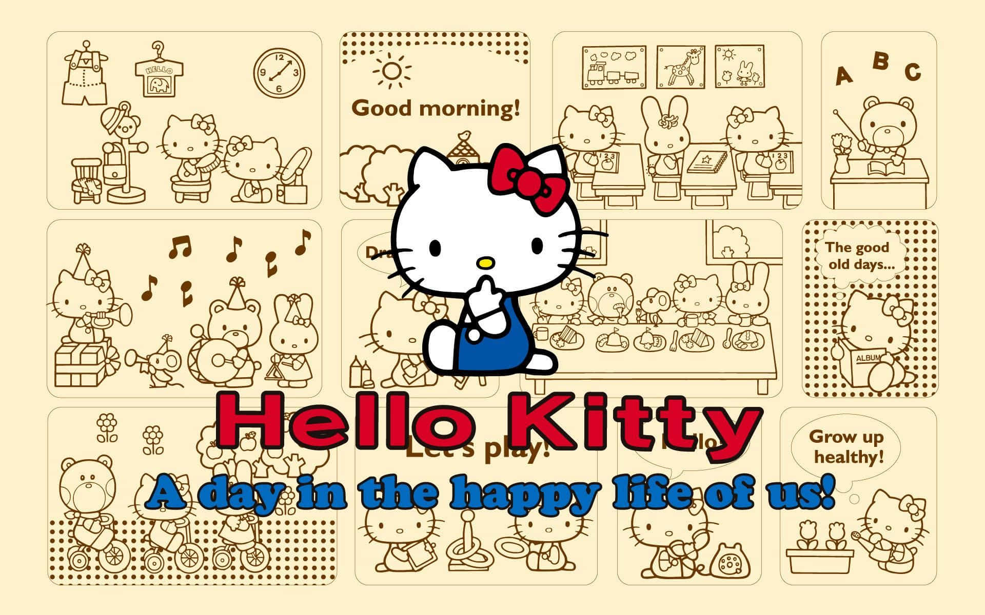 Hello Kitty 和朋友們的日常活動拼貼，如學校、音樂和園藝。 — Hello Kitty 壁紙
