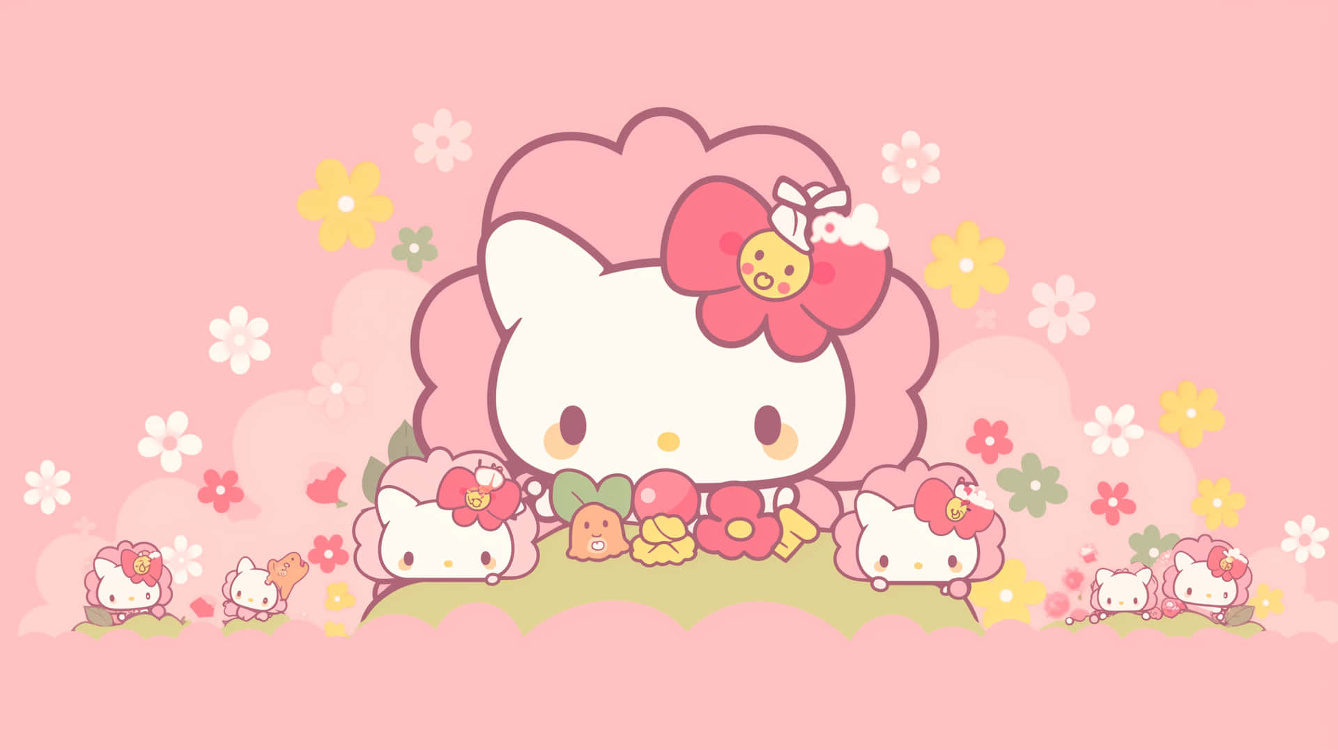  壁紙 — Hello Kitty 和朋友們在一個歡快的粉紅色花卉場景中，帶有柔和的粉彩顏色和可愛的卡通角色。