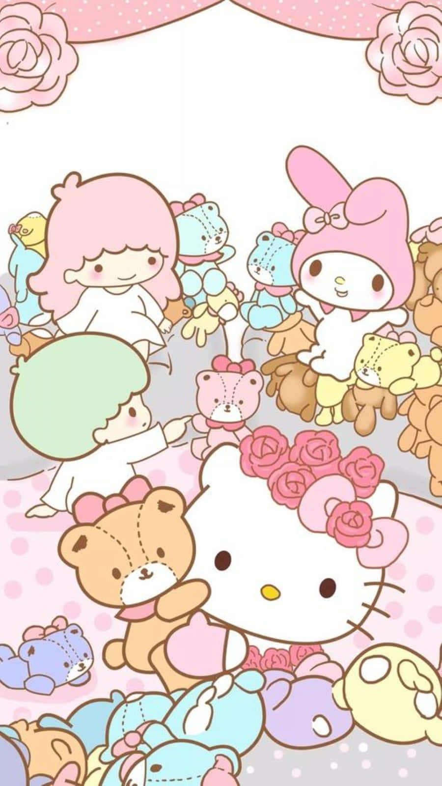 Hello Kitty 和朋友們被毛絨玩具和粉紅色玫瑰包圍。 — Hello Kitty 壁紙