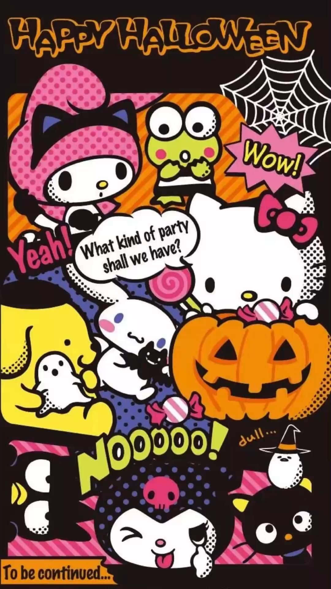  壁紙 — Hello Kitty 和朋友們穿著色彩繽紛的萬聖節服裝，與南瓜、鬼魂和蜘蛛網一起，以俏皮的漫畫風格呈現。