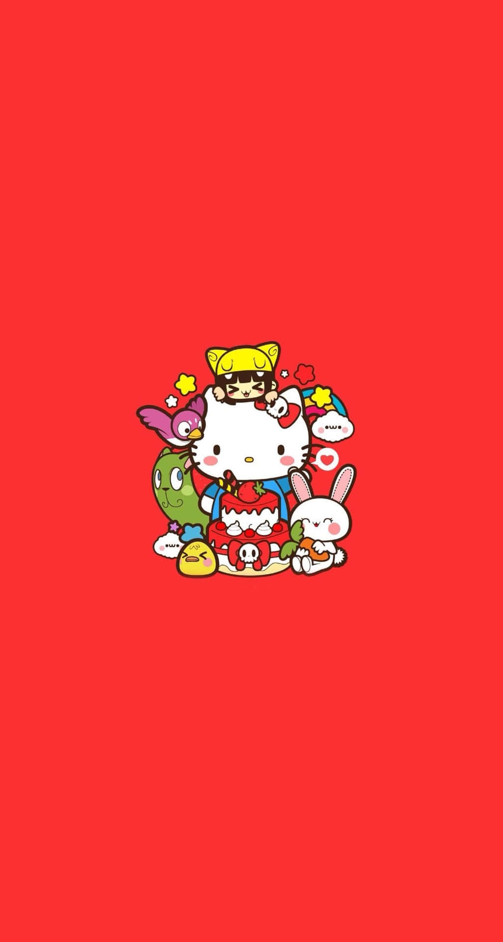  壁紙 — Hello Kitty 和朋友們穿著節日服裝，在純紅色背景前歡樂地聚集。