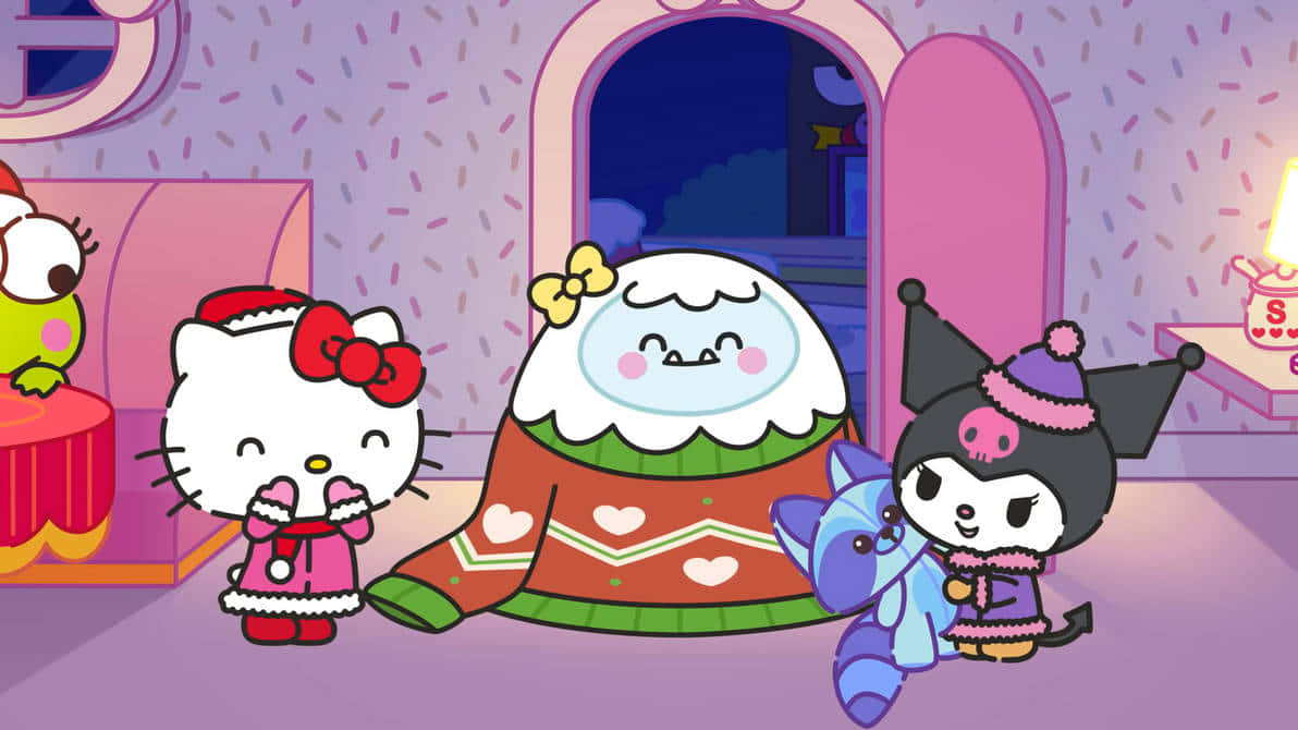  壁紙 — Hello Kitty 和朋友們穿著節日冬季服裝，聚集在一個為聖誕節佈置的舒適紫色房間。