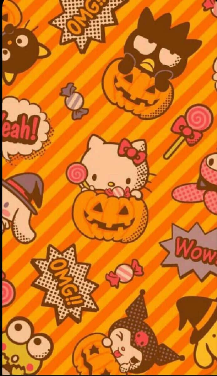  壁紙 — Hello Kitty 和朋友們穿著萬聖節服裝，在帶有糖果和對話氣泡的條紋橙色背景上。