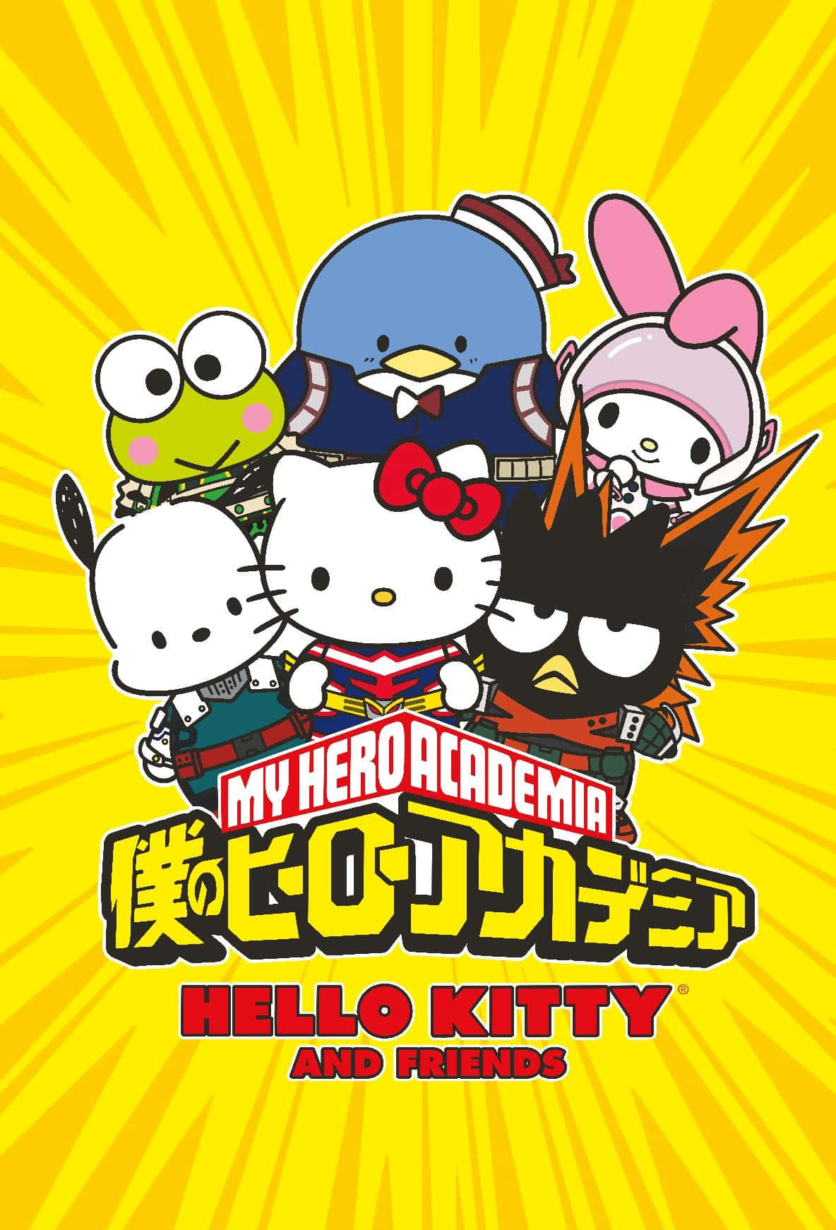 Hello Kitty 與朋友們打扮成《我的英雄學院》英雄，站在黃色太陽光背景上。 — Hello Kitty 壁紙