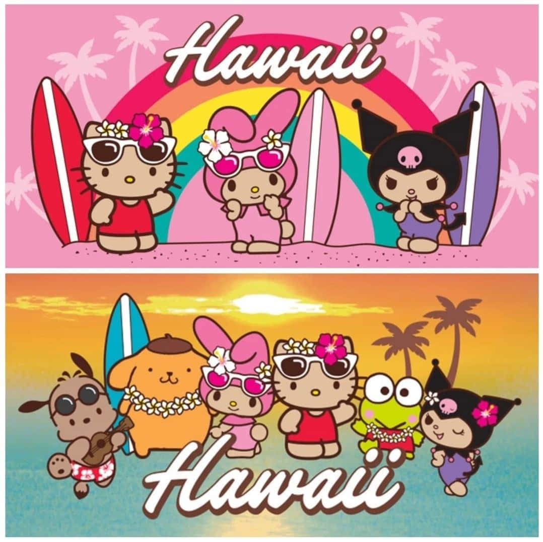  壁紙 — Hello Kitty 和朋友們在充滿活力的夏威夷海灘場景中，有衝浪板、棕櫚樹和彩虹背景。