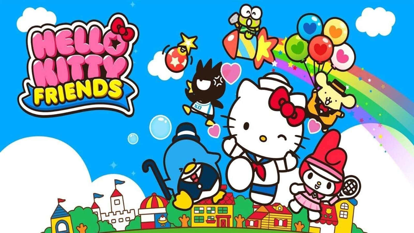 Hello Kitty 和朋友們在彩虹和氣球的色彩繽紛小鎮上空飛翔。 — Hello Kitty 壁紙