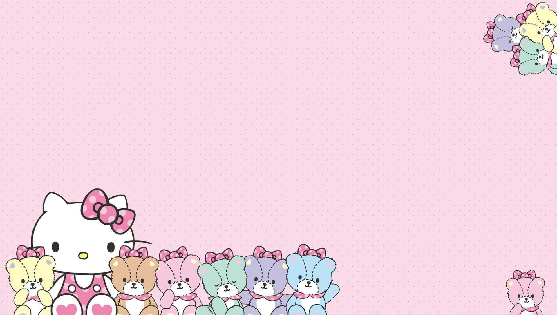 Hello Kitty 和她的熊朋友們在粉紅色圓點背景上。 — Hello Kitty 壁紙