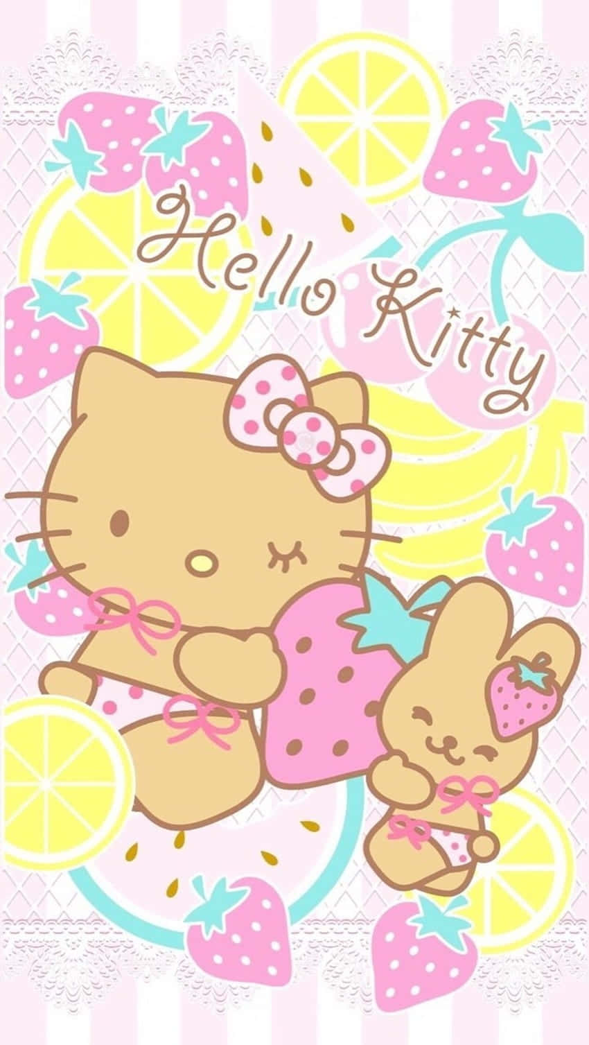  壁紙 — Hello Kitty 和她的朋友穿著泳衣，被草莓和檸檬片包圍在粉紅色條紋背景上。
