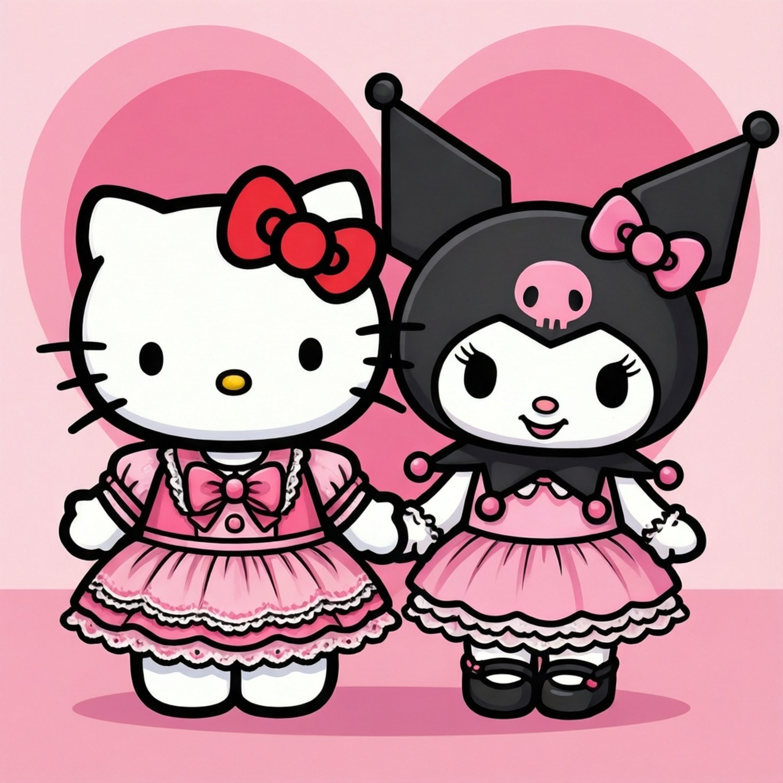 Hello Kitty 和 Kuromi 穿著粉紅色連衣裙牽手，心形背景 — Hello Kitty 壁紙