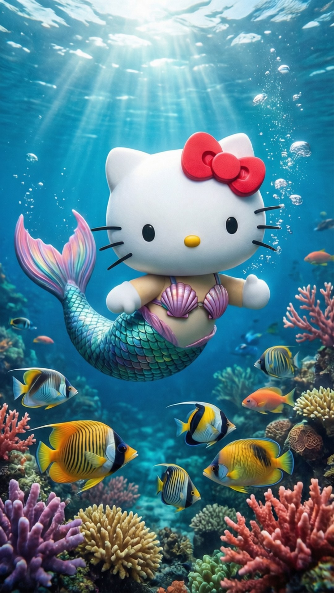 Hello Kitty 美人魚彩虹尾巴在水中珊瑚和熱帶魚之間游泳 — Hello Kitty 壁紙