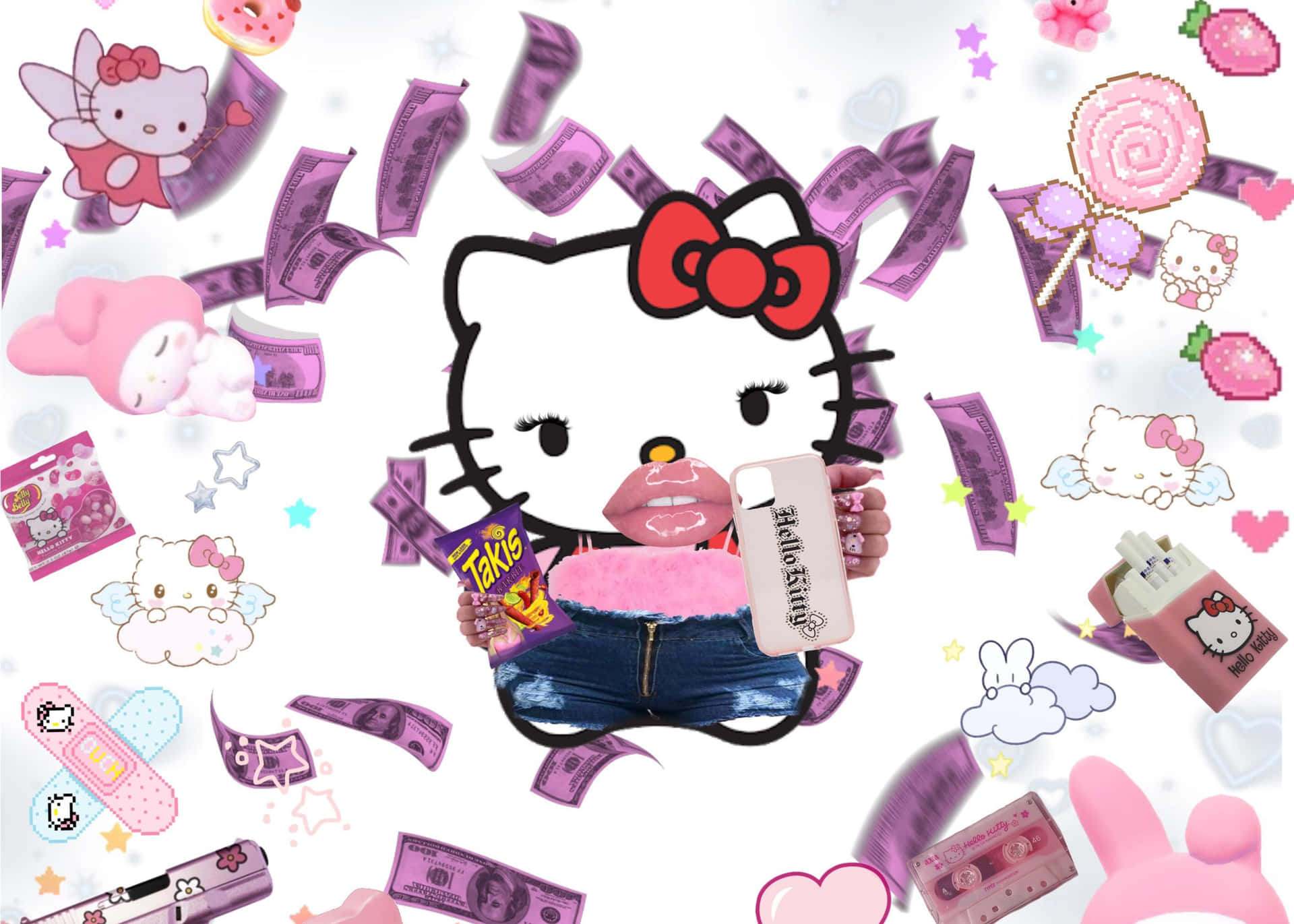  壁紙 — Hello Kitty 被漂浮的粉紅色金錢、糖果和商品包圍，形成一個玩味混亂的拼貼。