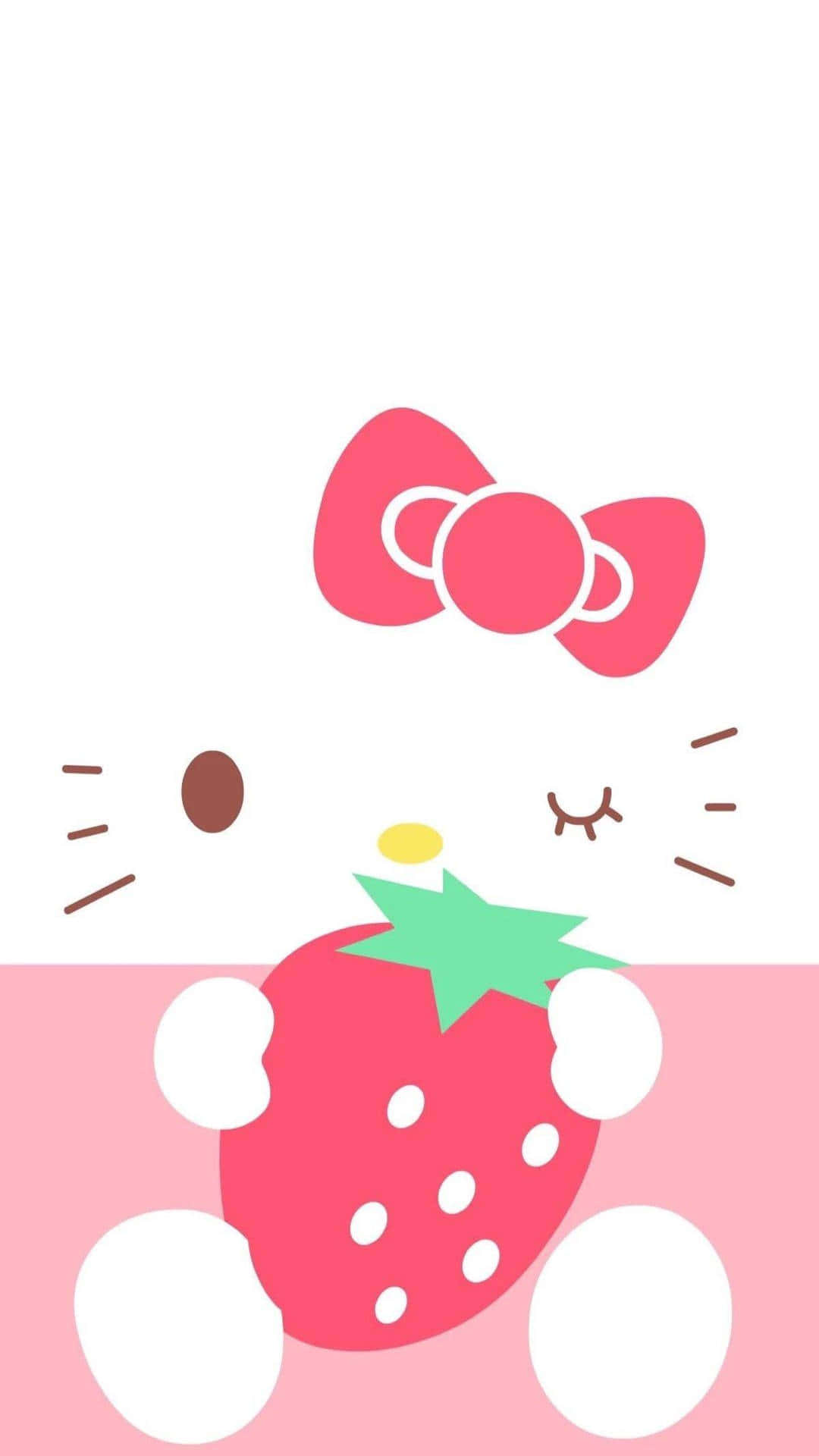 Hello Kitty 閉著眼睛拿著草莓，背景為粉紅色。 — Hello Kitty 壁紙