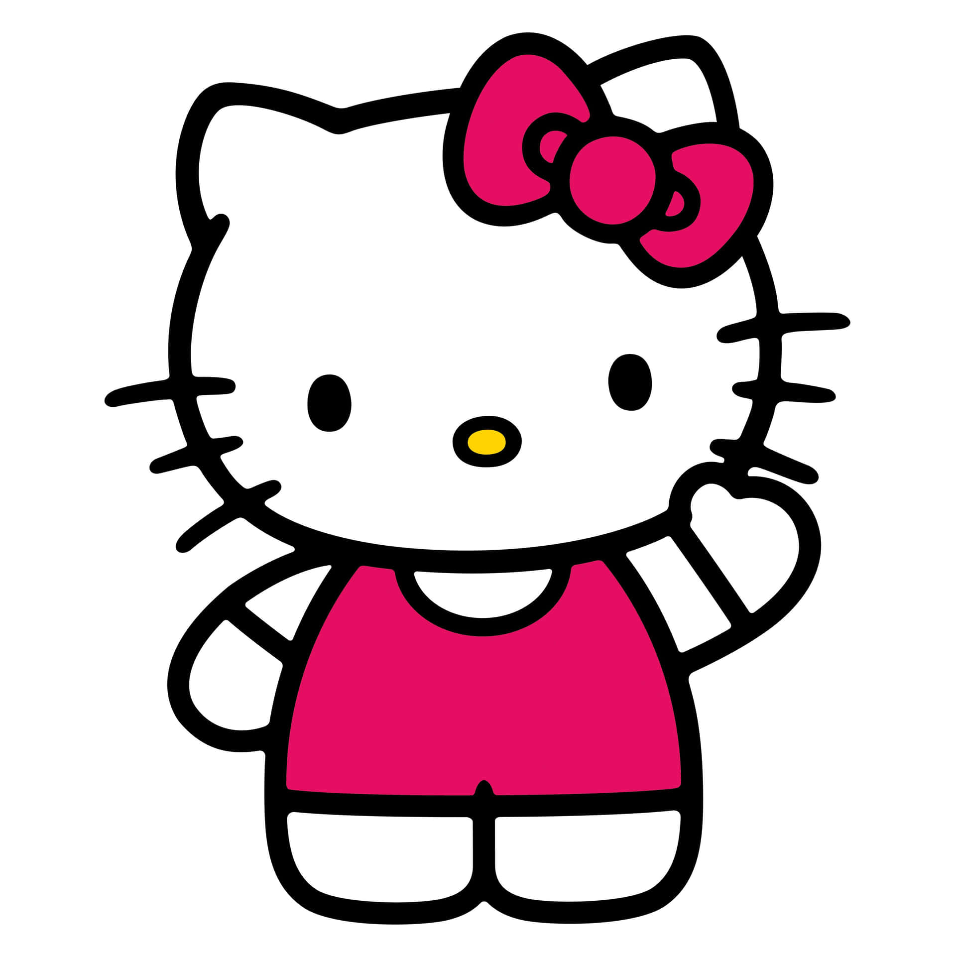 Hello Kitty 卡通角色穿著粉紅色連衣裙和蝴蝶結微笑。 — Hello Kitty 壁紙