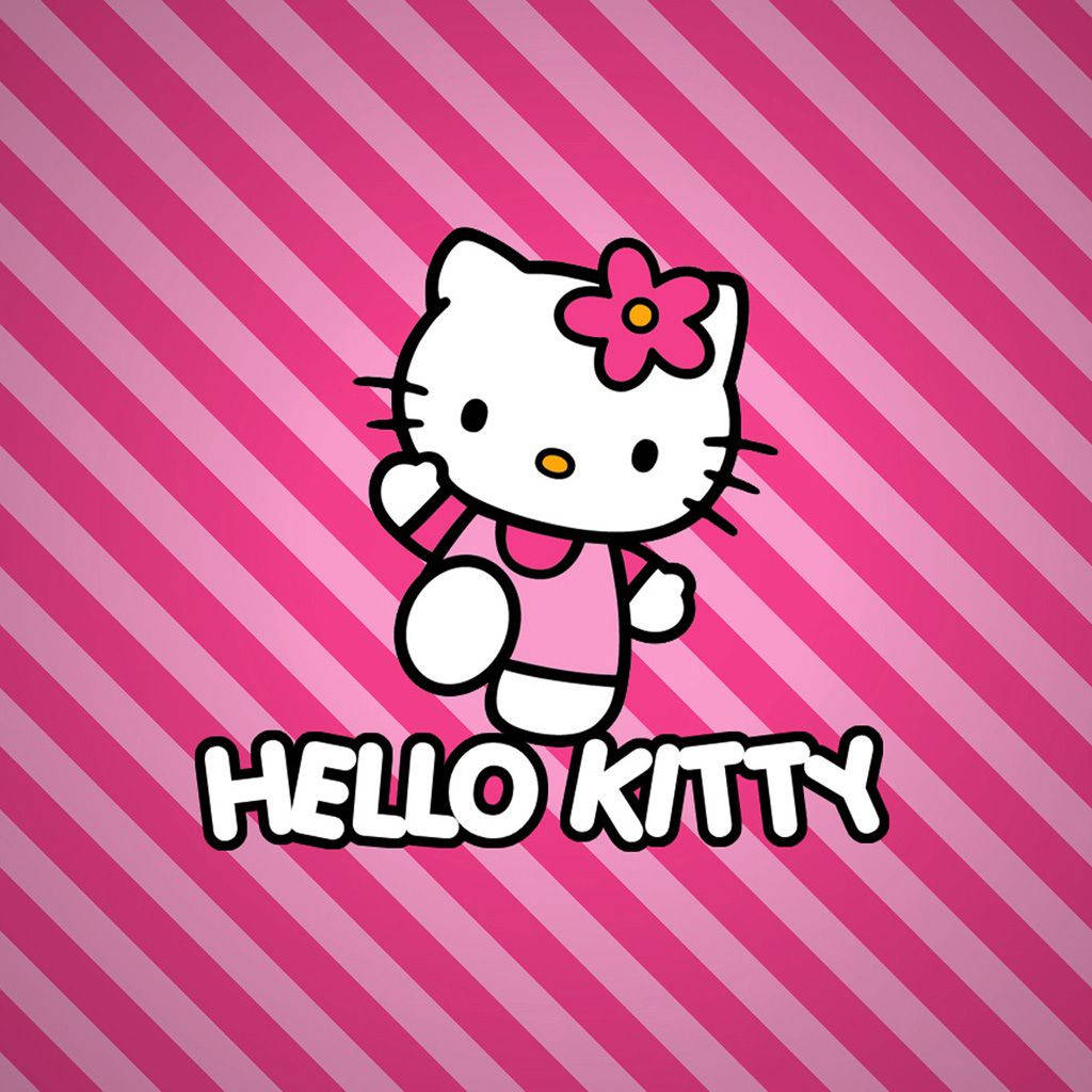 Hello Kitty 卡通角色身穿粉紅色連衣裙，戴著花朵蝴蝶結，背景為粉紅色條紋。 — iPad 壁紙