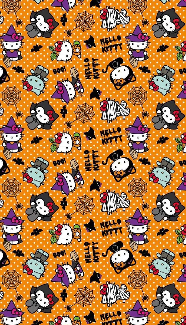 壁紙 — Hello Kitty 角色打扮成女巫、木乃伊和鬼魂，重複出現在橙色圓點 Halloween 壁紙上。